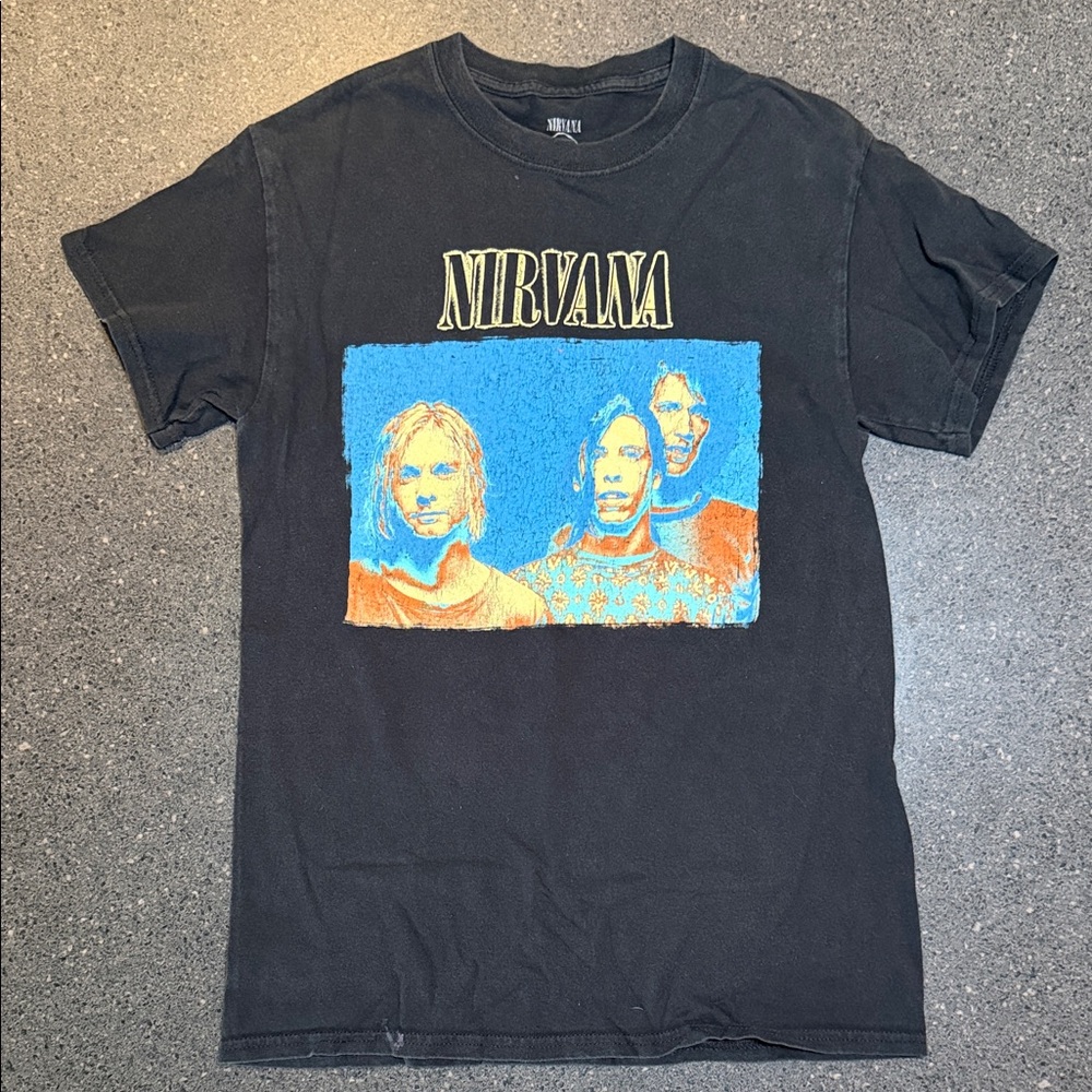 NIRVANA Black Tee with Blue and Orange Graphic